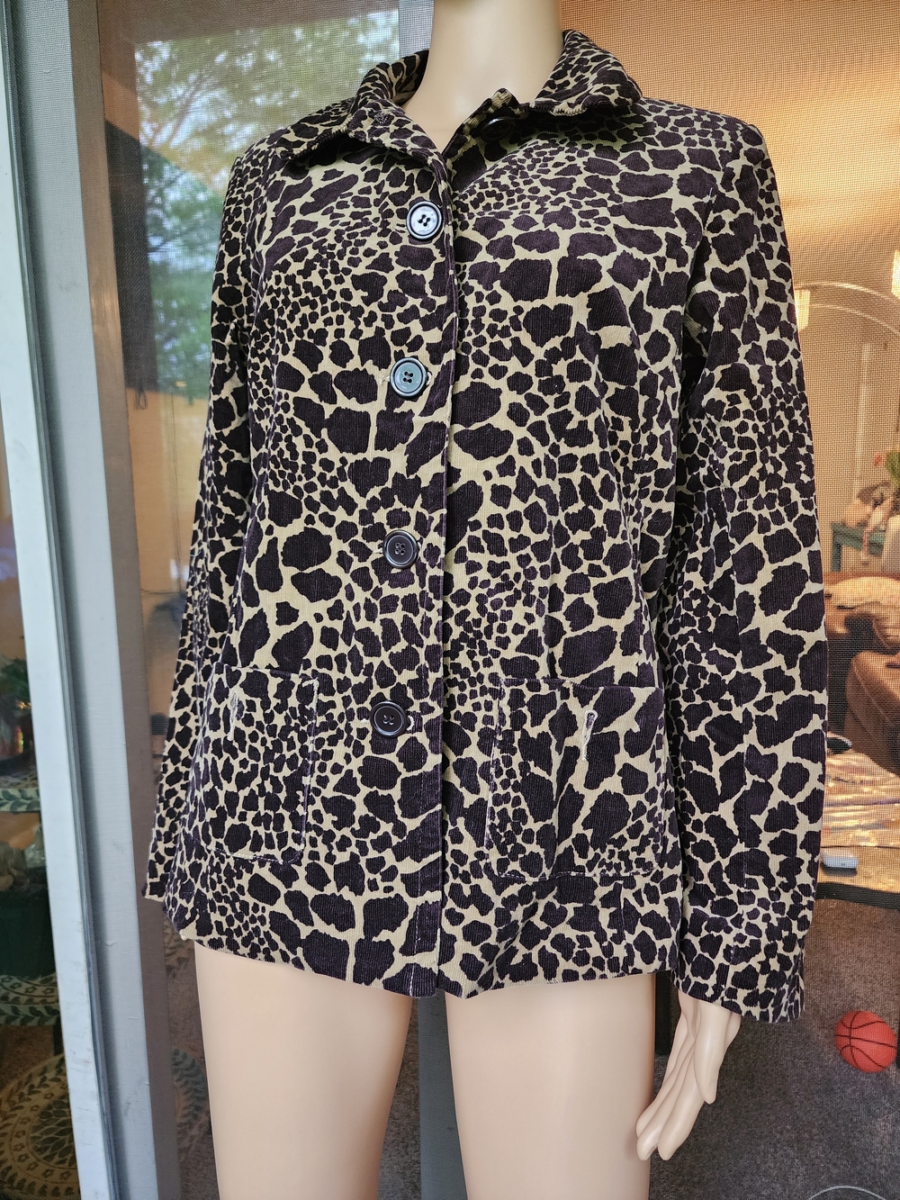 Susan Graver Leopard Print Button-Front Blazer Jacket - Black & Cream